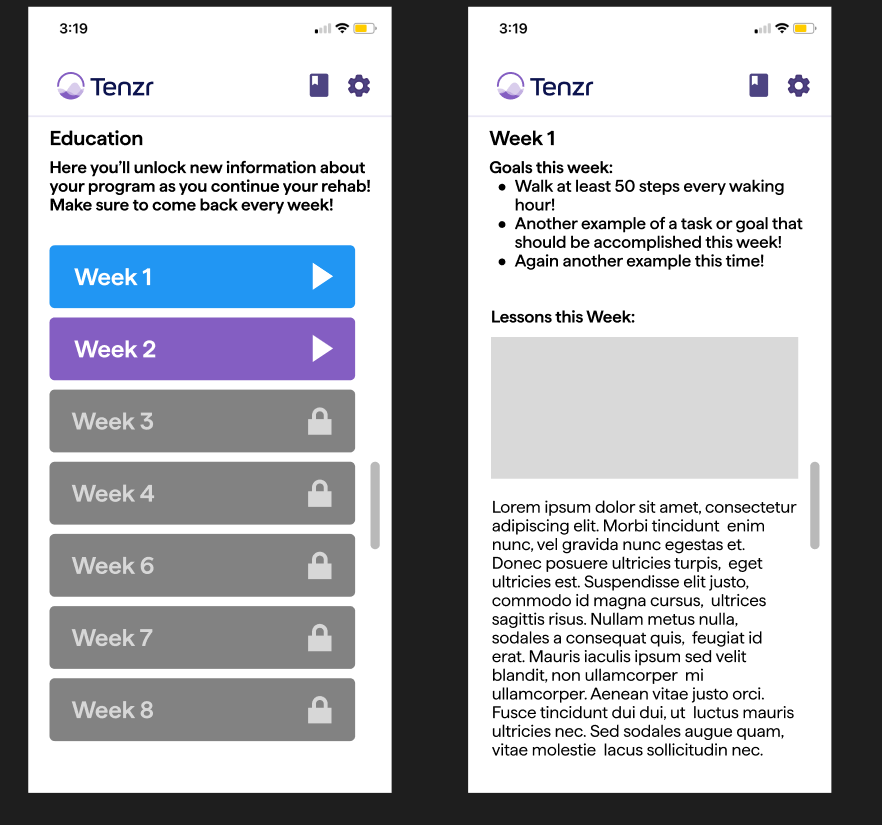 Earliest Figma mockup of the weekly Guidance structure, with Lorem ipsum placeholder content