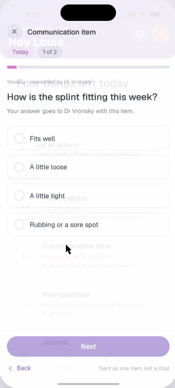 Prototype of a single-question communication flow asking how a splint is fitting
