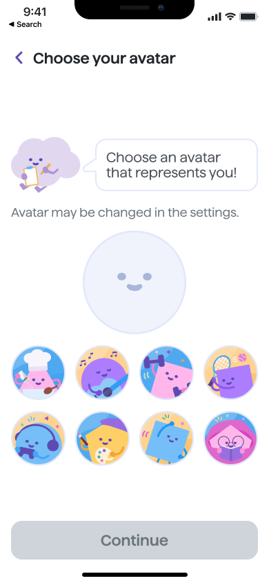 Choose your avatar task screen