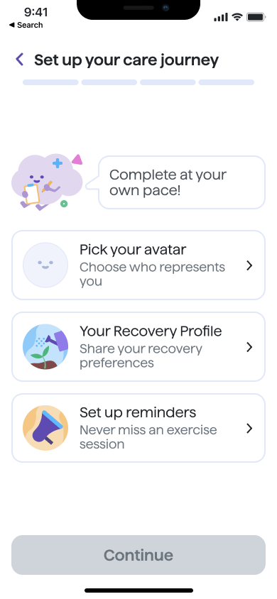 Set up your care journey checklist with avatar, recovery profile, and reminders as separate tasks