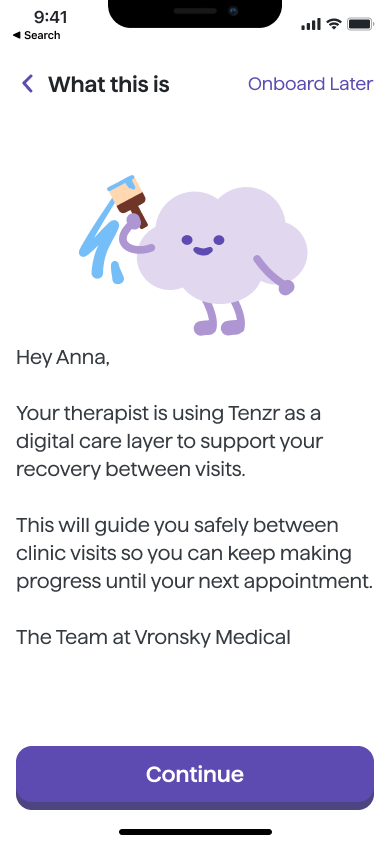 Onboarding intro screen with an Onboard Later skip option